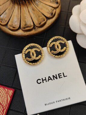 Authentic Chanel Vintage Black Gold Round CC Button Stud Earrings | Brand New Un